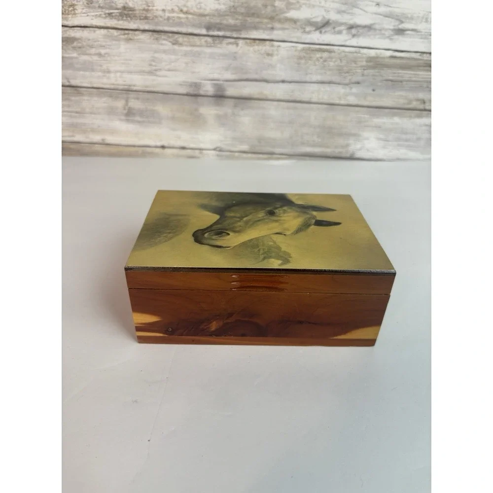 Cedar Wood Trinket Box With Horses Vintage 4x6